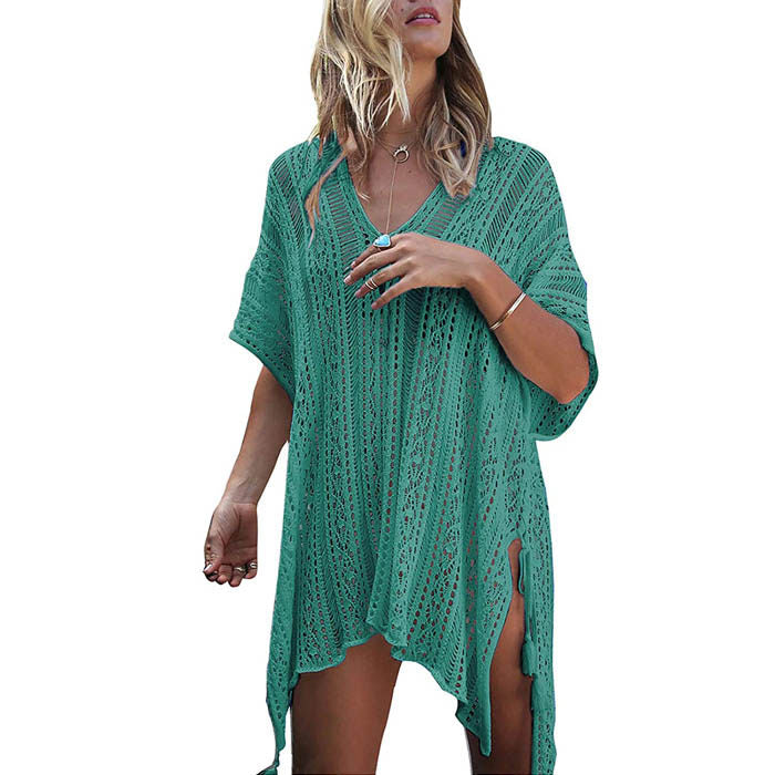 Beakey Women's Swimsuit Beach Bikini Loose Blouse Knitted Blouse Stylish Beach Cover up-Green