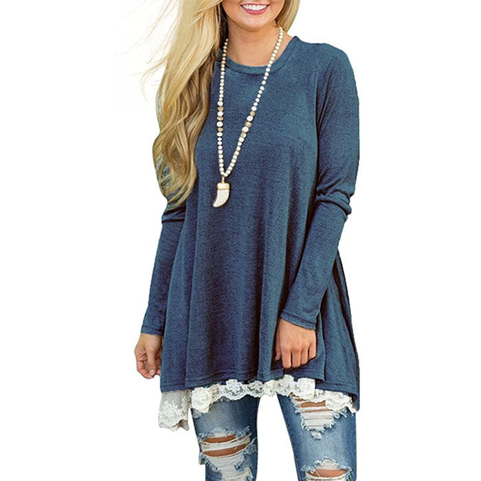 Beakey Women's Crew Neck Long Sleeve Lace Splicing Shirt Long Tunic Blouses-Blue-1228
