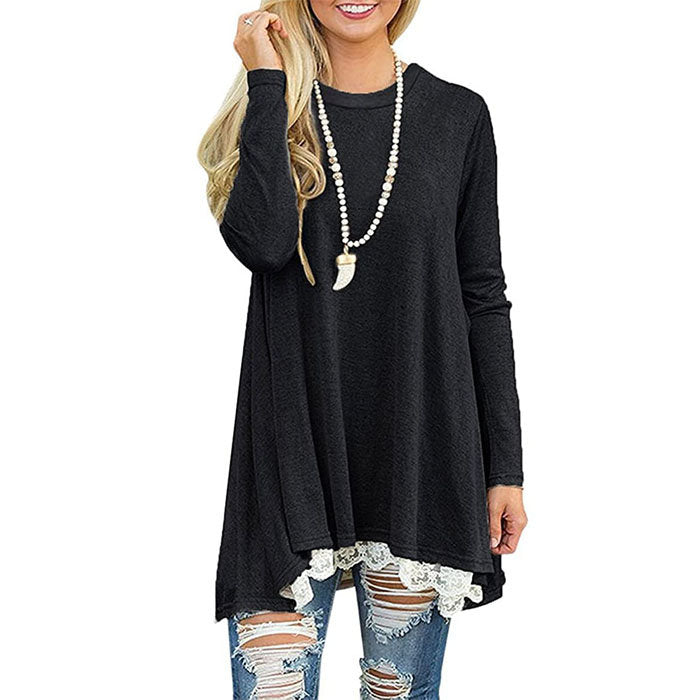 Beakey Women's Crew Neck Long Sleeve Lace Splicing Shirt Long Tunic Blouses-Black-1228