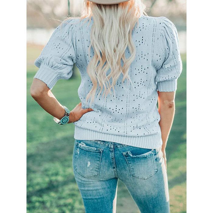 Beakey Womens Lightweight Puff Short Sleeve Sweaters Tops Crew Neck Dot Pullover Shirt-Blue