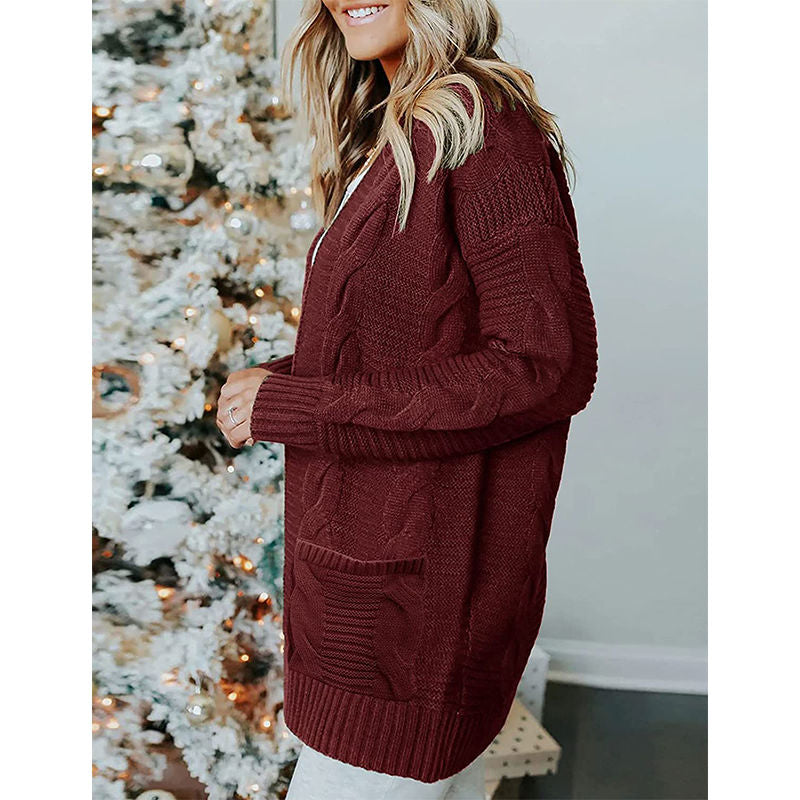 Beakey Womens Long Sleeve Cable Knit Cardigan Sweater Mid Length Coat-Wine Red