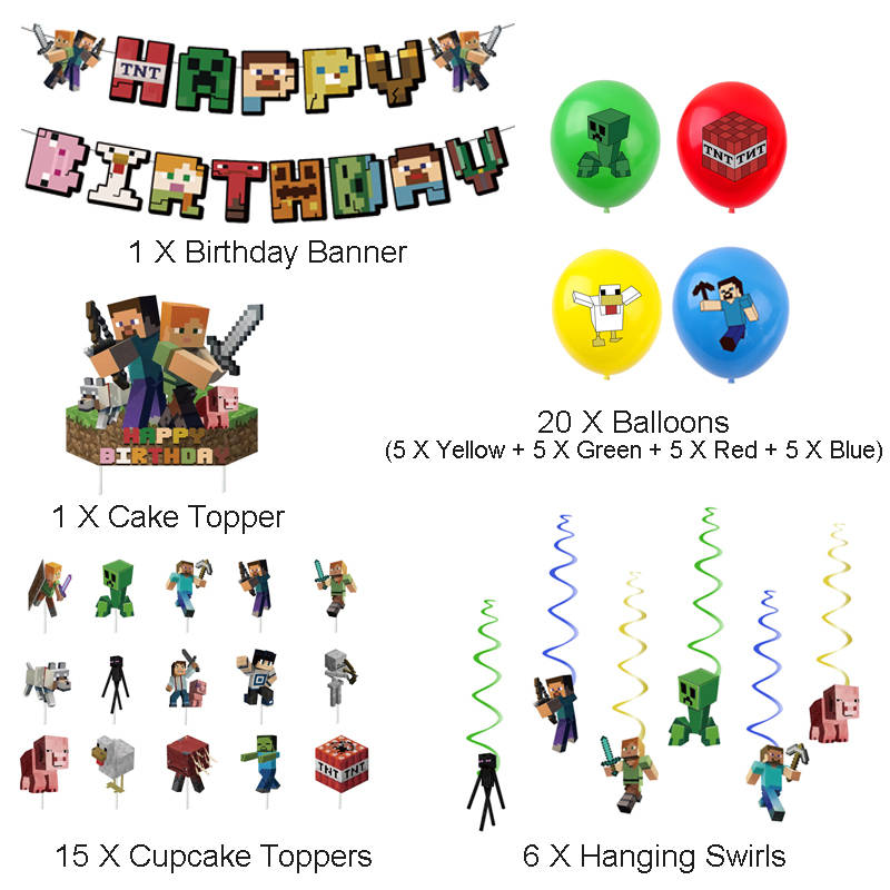 Beakey 43 Pcs Pixel Birthday Party Supplies Banner Balloons Cupcake Toppers