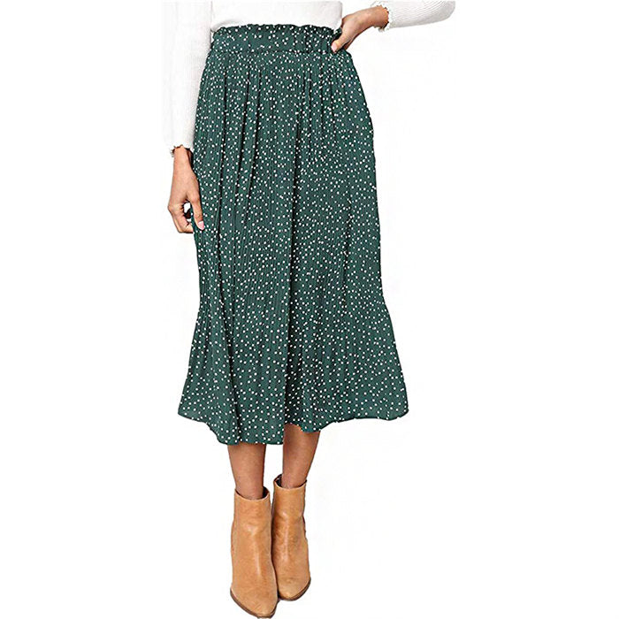 Beakey Womens High Waist Skirt Polka Dot Pleated Midi Maxi Swing Skirt High Elastic-Green-0387