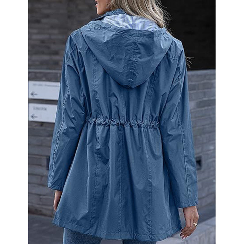 Beakey Rain Jacket for Women Striped Lined Hooded Lightweight Windbreaker-Denim Blue