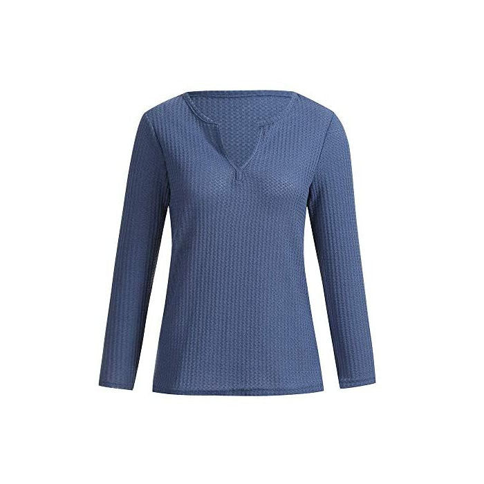 Beakey Womens V Neck Shirts Long Sleeve Waffle Knit Loose Fitting Warm Pullover Sweaters-Blue-5888