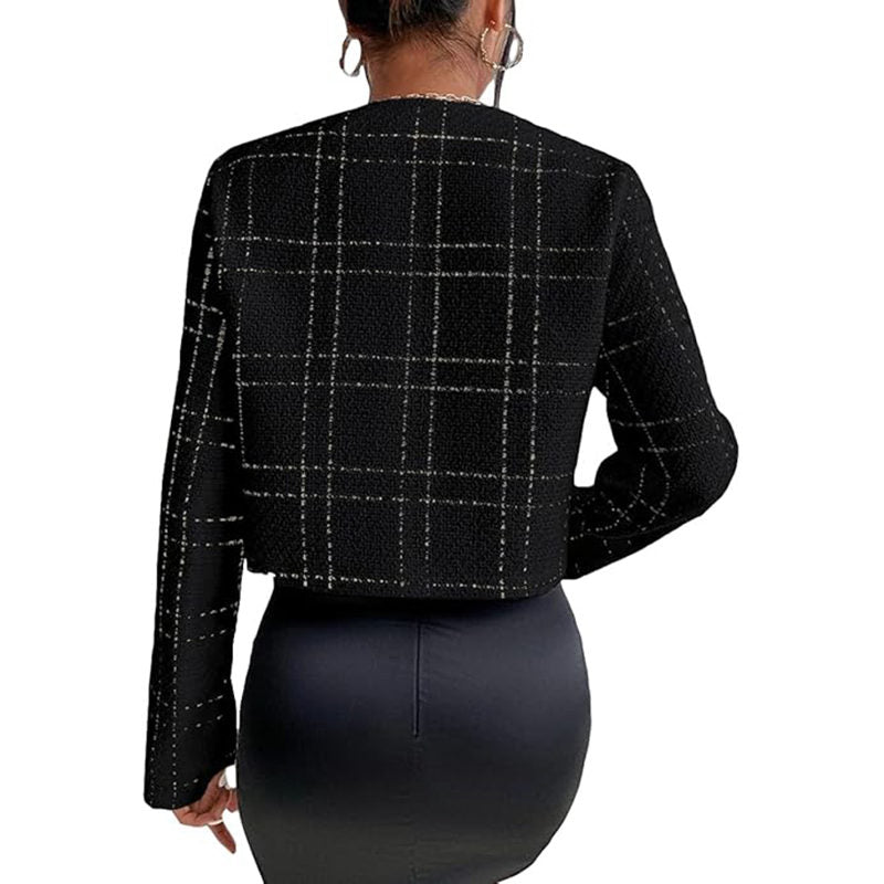 Beakey Cropped Blazer Jacket for Women Collarless Tweed Plaid Outerwear-Black