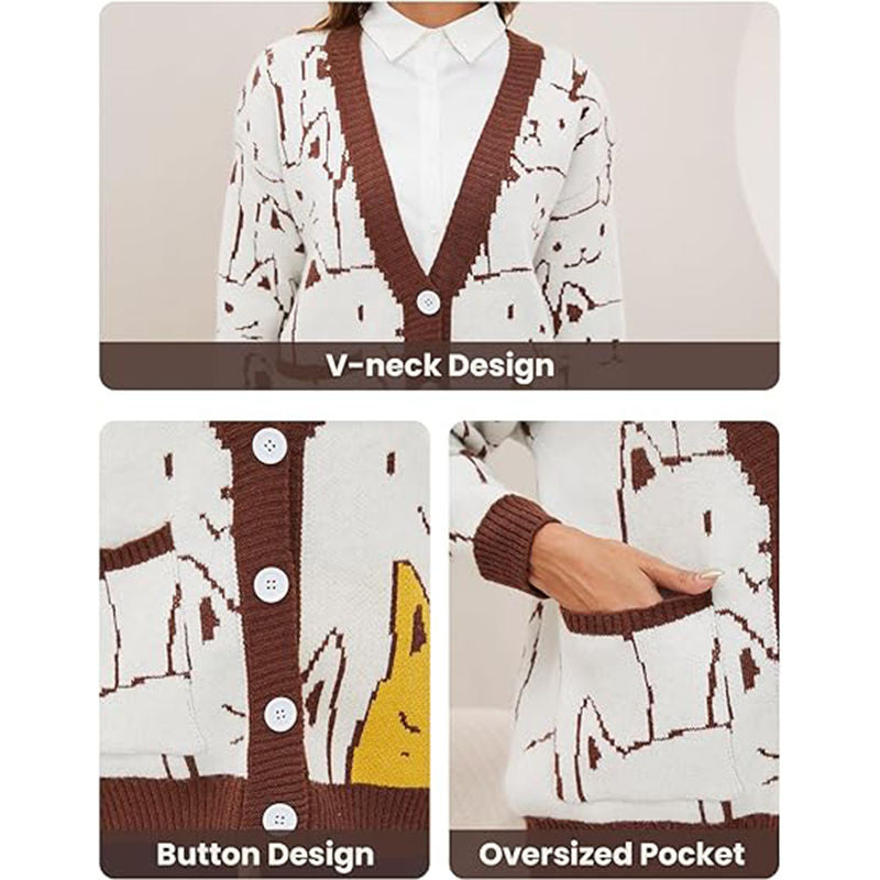 Beakey Kawaii Cat Sweater for Women Button Down V Neck Knitted Cardigan-Coffee