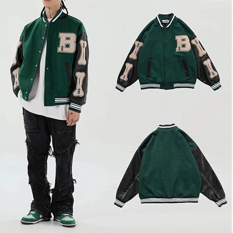 Beakey Unisex Varsity Jacket Stitched Leather Oversized Coat with Patch-Green