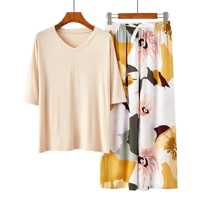 Beakey Womens Pajama Set Print Sleepwear Soft V-Neck Short Sleeve Top With Pants-25