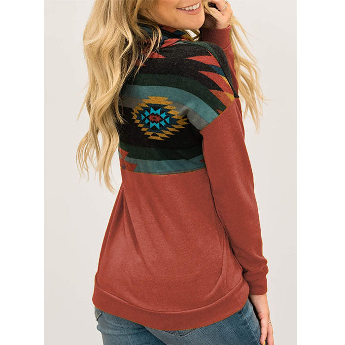 Beakey Women Turtleneck Color Block Pullover Sweatshirt Tops With Pockets-Red-HY201028