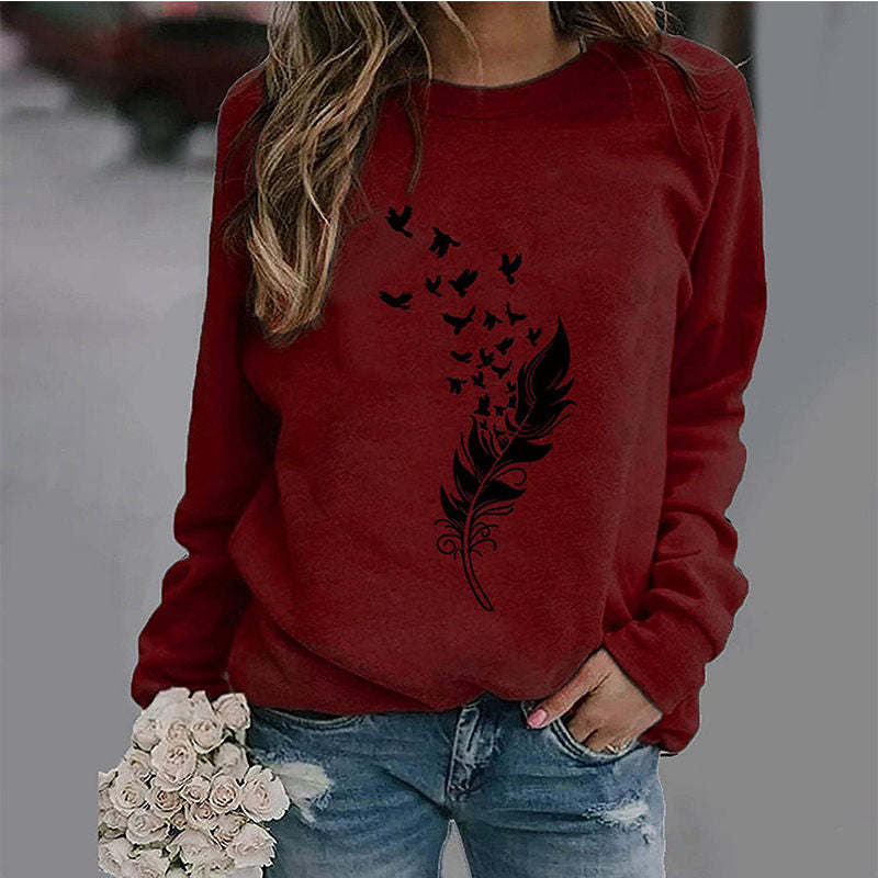 Beakey Womens Casual Long Sleeve T-Shirt Crew Neck Pullover-WineRed Black