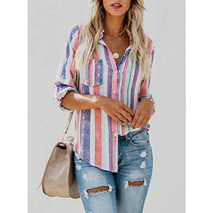 Beakey Women V Neck Long Sleeve Striped Casual Button Down Blouses Tops--Pink Purple-T6755