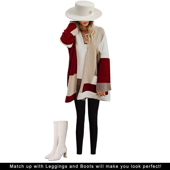 Beakey Womens Color Block Cardigan Open Front Sweaters Loose Knit Casual Coat-Red Wine-AL6009