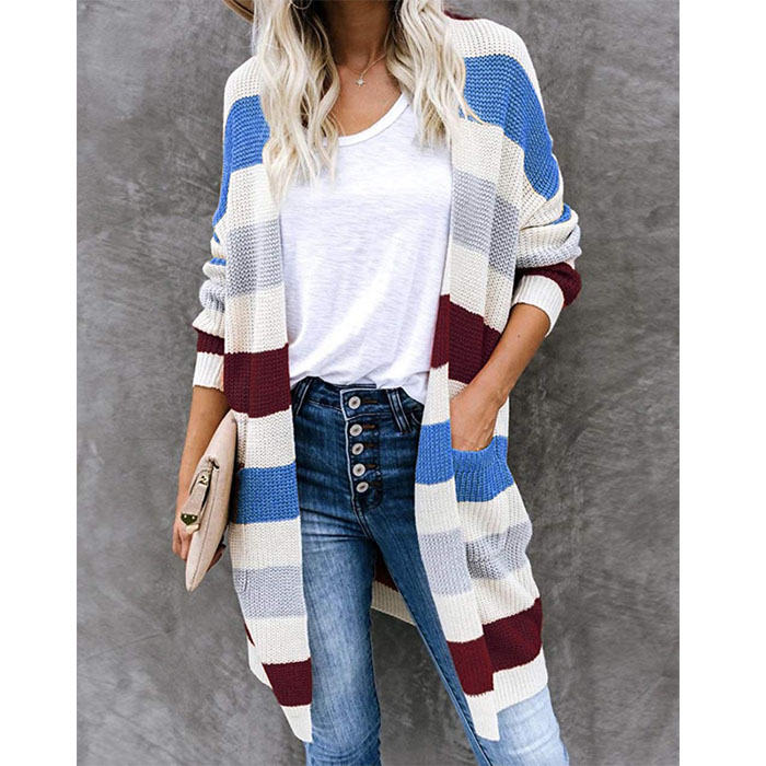 Beakey Women¡¯s Open Front Long Cardigan Strip Color Block Knit Fall Outwear Sweater-Blue-AL6014