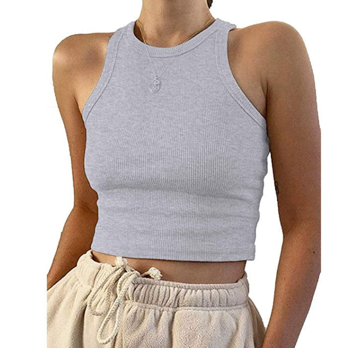 Beakey Vest For Women Notch Sleeveless Summer Ribbed Short Leaking Belly Tank Tops-Light Gray-3011
