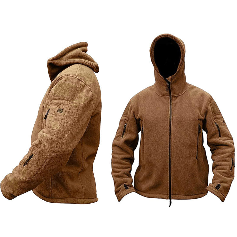 Beakey Military Tactical Jacket for Men Fleece Hooded Coat with Zipper-Khaki