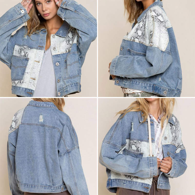 Beakey Womens Distressed Denim Jacket Patchwork Print Ripped Outwear-SnakePattern