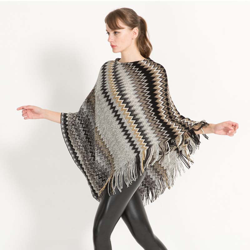 Beakey Womens Stripe Knitted Poncho Top with Tassel-Grey