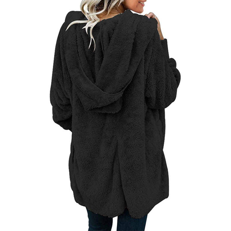 Beakey Womens Long Sleeve Fuzzy Fleece Jacket Hooded Cardigan Coat with Pockets-Black
