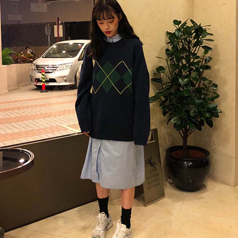 Beakey Women Plaid Sweater Preppy Style Vintage Pullover-Navy Blue