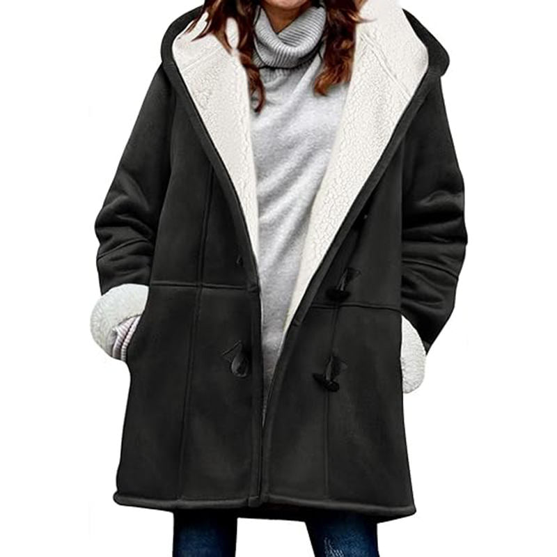 Beakey Fleece Jackets for Women Horn Button Winter Hooded Outwear-Black