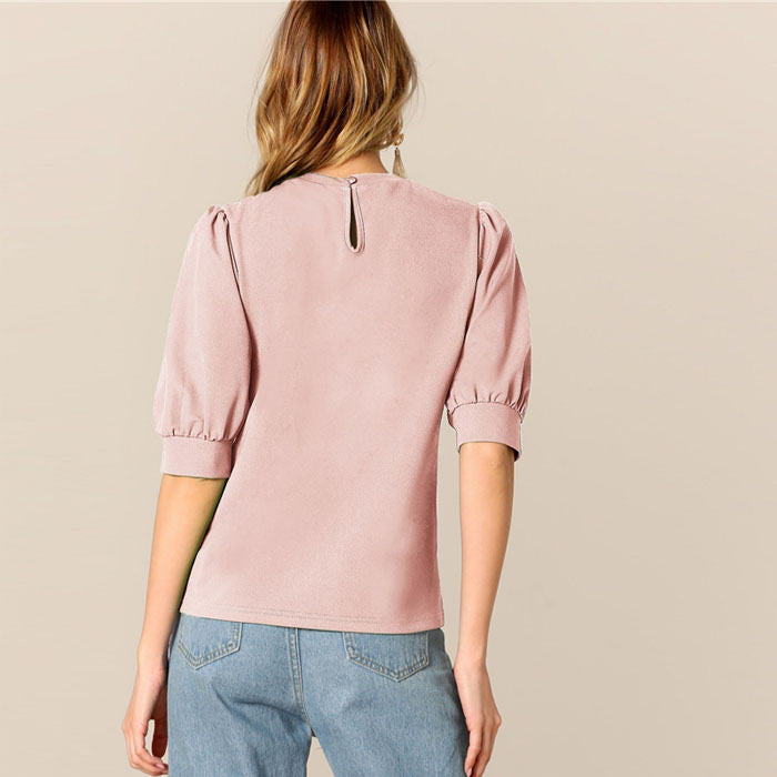 Beakey Women's Unique Puff Sleeve Casual Solid Top Pullover Keyhole Back Blouse-Pink-8821