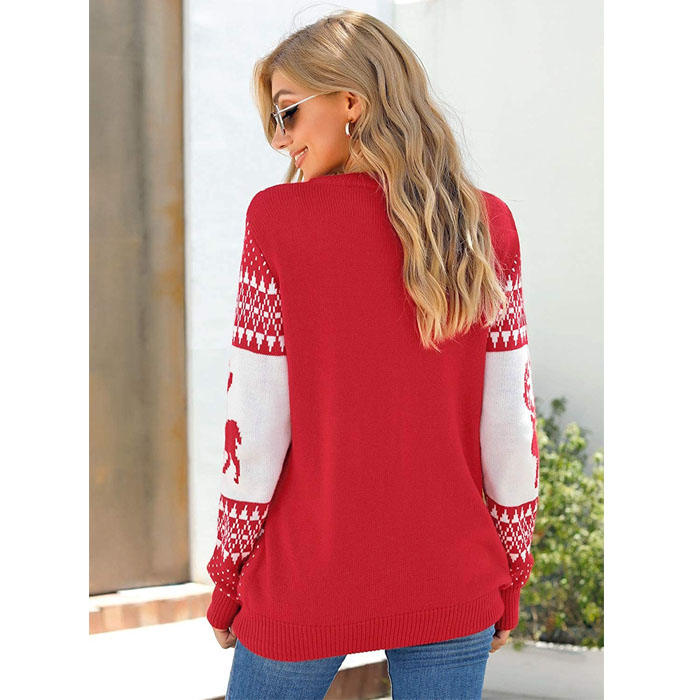 Beakey Women Long Sleeve Christmas Tree Reindeer Holiday Knit Sweater Pullover-Red-CFB0032