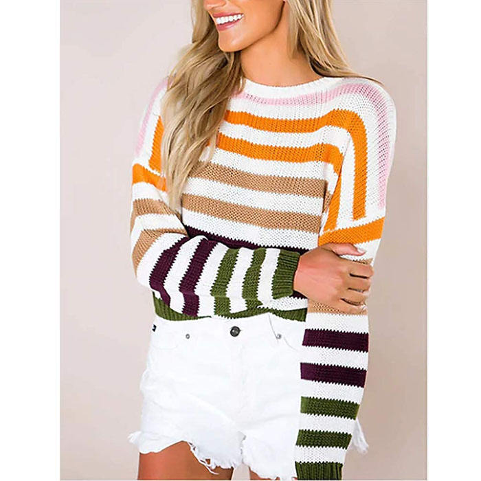 Beakey Women Sweaters Long Sleeve Crew Neck Striped Oversized Casual Knitted Tops-Army Green-F80134