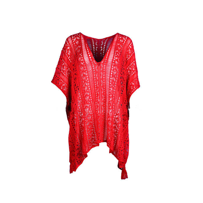 Beakey Women's Swimsuit Beach Bikini Loose Blouse Knitted Blouse Stylish Beach Cover up-Red