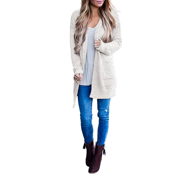 Beakey Women's Winter Long Sleeve Soft Chunky Knit Sweater Cardigan Outwear-White-YL1305