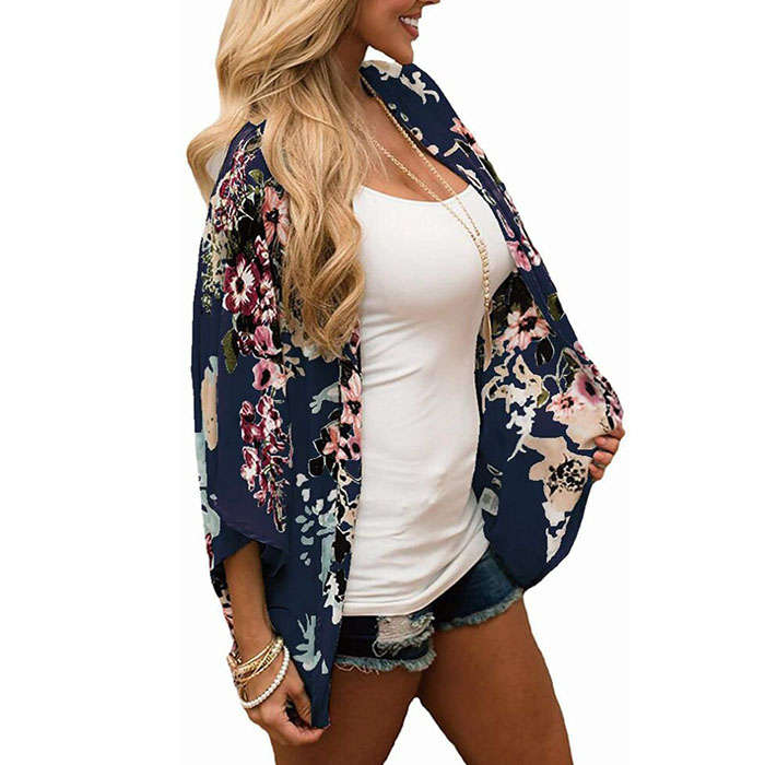 Beakey Women's Summer Floral Print Kimonos Loose Half Sleeve Chiffon Cardigan Blouses Casual Cover Up - Navy