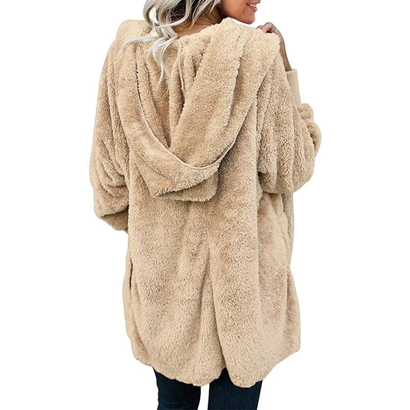 Beakey Womens Long Sleeve Fuzzy Fleece Jacket Hooded Cardigan Coat with Pockets-Apricot