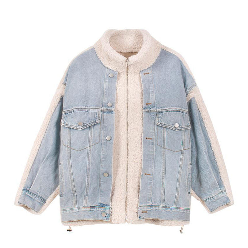 Beakey Womens Denim Jacket Sherpa Patchwork Oversized Winter Warm Coat