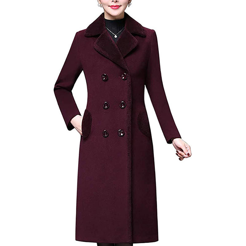 Beakey Womens Winter Wool Blend Long Coat Double Breasted Lapel Jacket-Purple