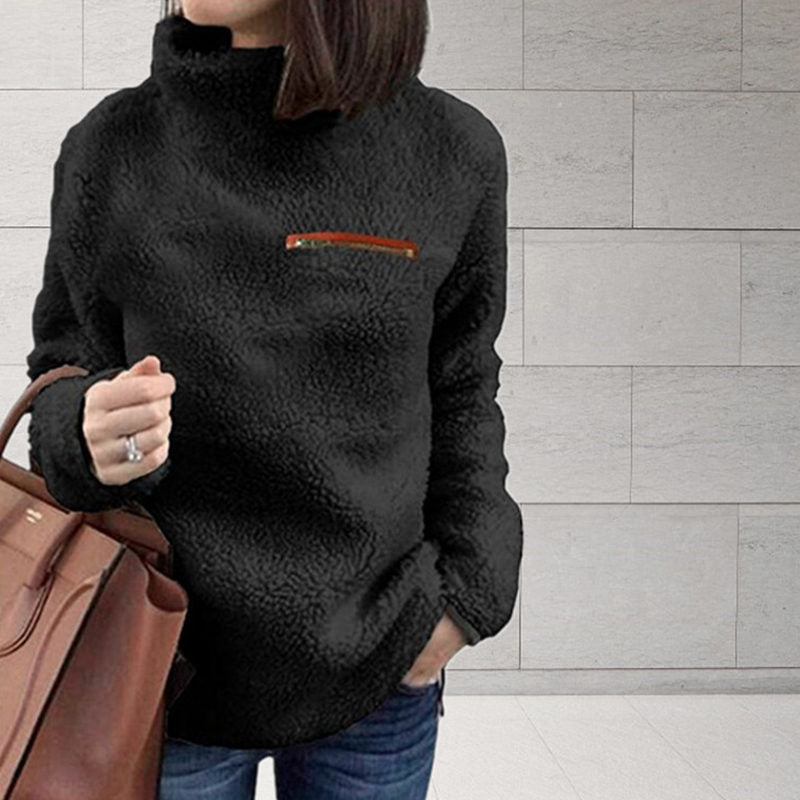 Beakey Womens Turtleneck Sweatshirt Winter Faux Fuzzy Sherpa Pullover-Black
