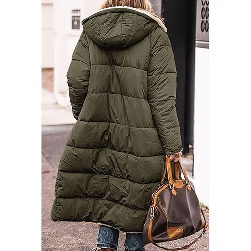 Beakey Womens Long Coats with Hood Fleece Lining Oversized Jackets-Army Green