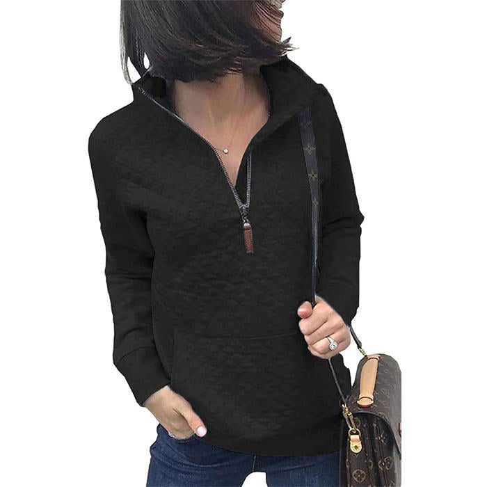Beakey Women 1/4 Zipper Long Sleeve Plain Casual Sweatshirts Pullovers Shirts Tops-Black