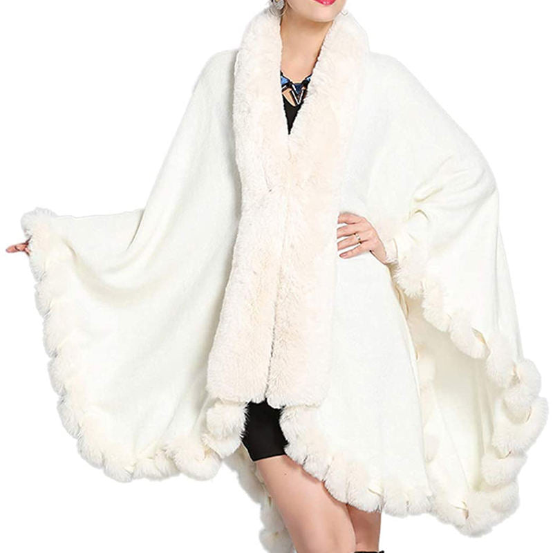 Beakey Womens Faux Fox Fur Trim Cardigan Shawl Oversized Cape-White