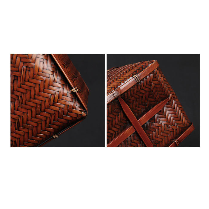 Beakey Retro Womens Bamboo Handbag Handmade Large Tote Bag Wicker Summer Straw Basket Bag-Dark Red