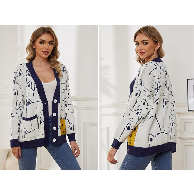 Beakey Kawaii Cat Sweater for Women Button Down V Neck Knitted Cardigan-Blue