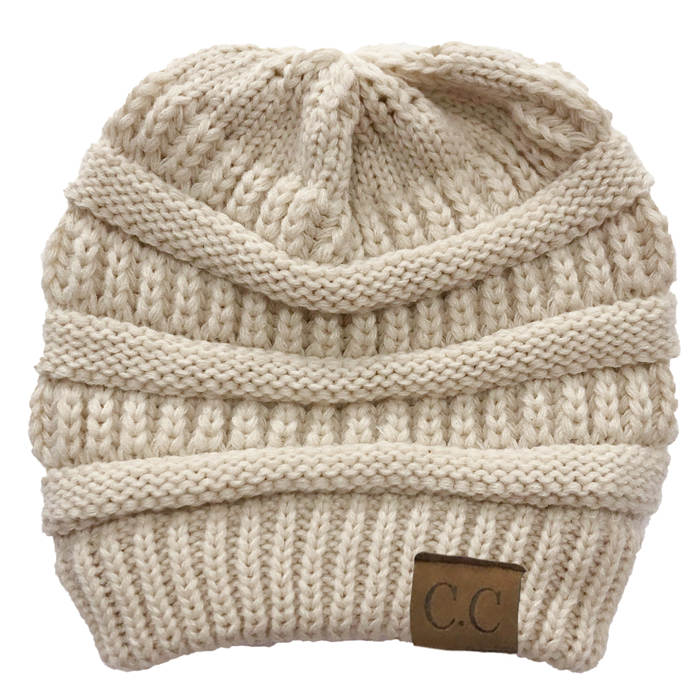 Beakey Soft Stretch Cable Knit Hat Ponytail Beanie Winter Hat For Women-Beige
