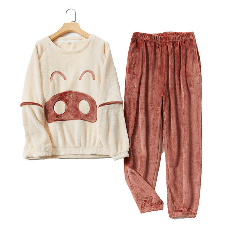 Beakey Cartoon Crewneck Pullover Pajamas Set-Beige