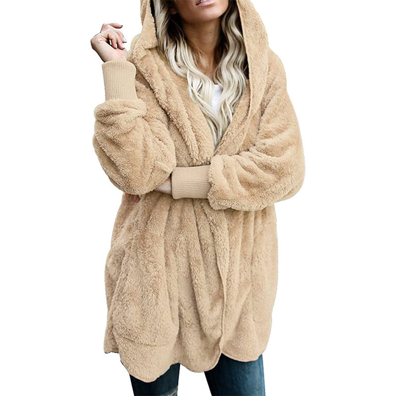 Beakey Womens Long Sleeve Fuzzy Fleece Jacket Hooded Cardigan Coat with Pockets-Apricot
