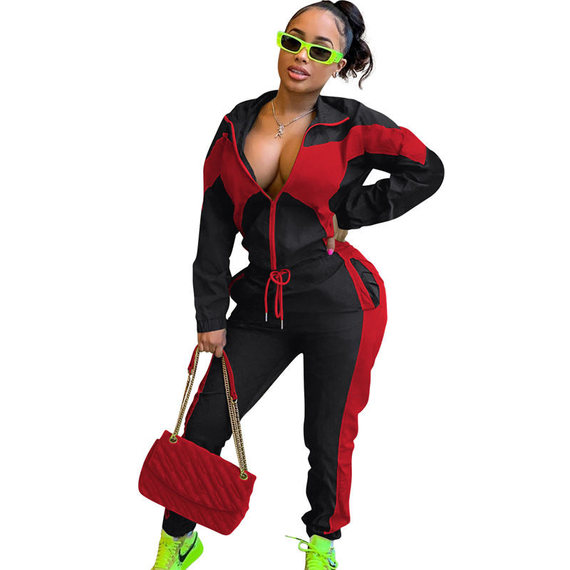 Beakey Womens Windbreaker Jacket Pants Colorblock Patchwork Tracksuit-Black
