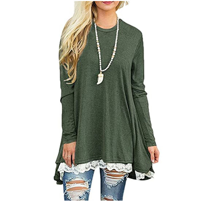 Beakey Women's Crew Neck Long Sleeve Lace Splicing Shirt Long Tunic Blouses-Army Green-1228