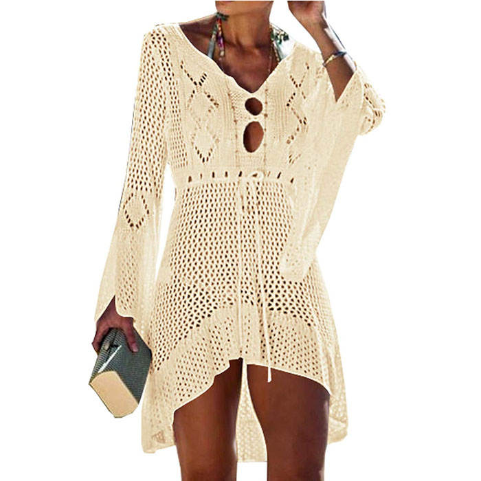 Beakey Women Beach Swimsuit for Women Flared Sleeves Coverups Bikini Loose Cover Up Net-Apricot