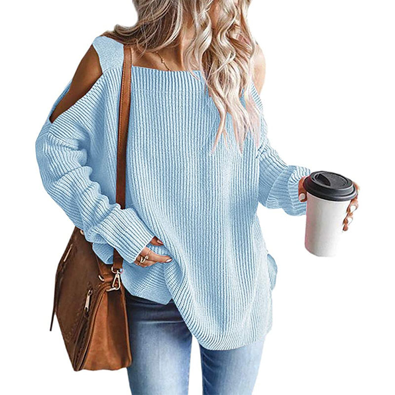 Beakey Womens Off Shoulder Oversized Sweater Fashion Knit Tunic Tops-Sky Blue