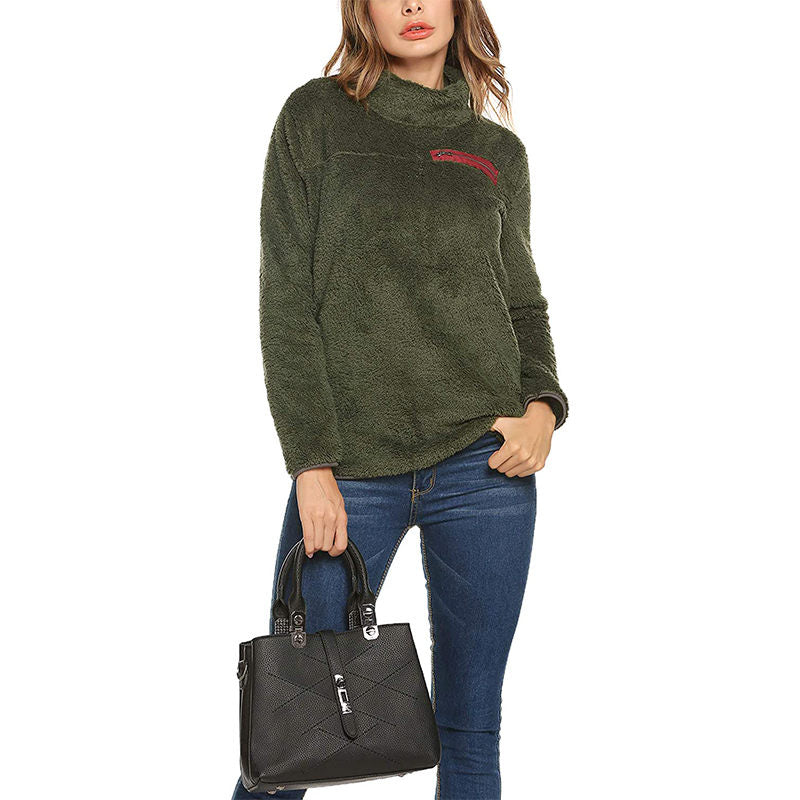 Beakey Womens Turtleneck Sweatshirt Winter Faux Fuzzy Sherpa Pullover-Army Green