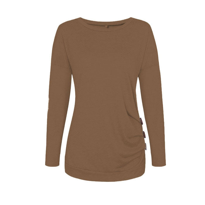Beakey Women's Casual Long Sleeve Round Neck Loose T Shirt Blouse Tops-Khaki-88041