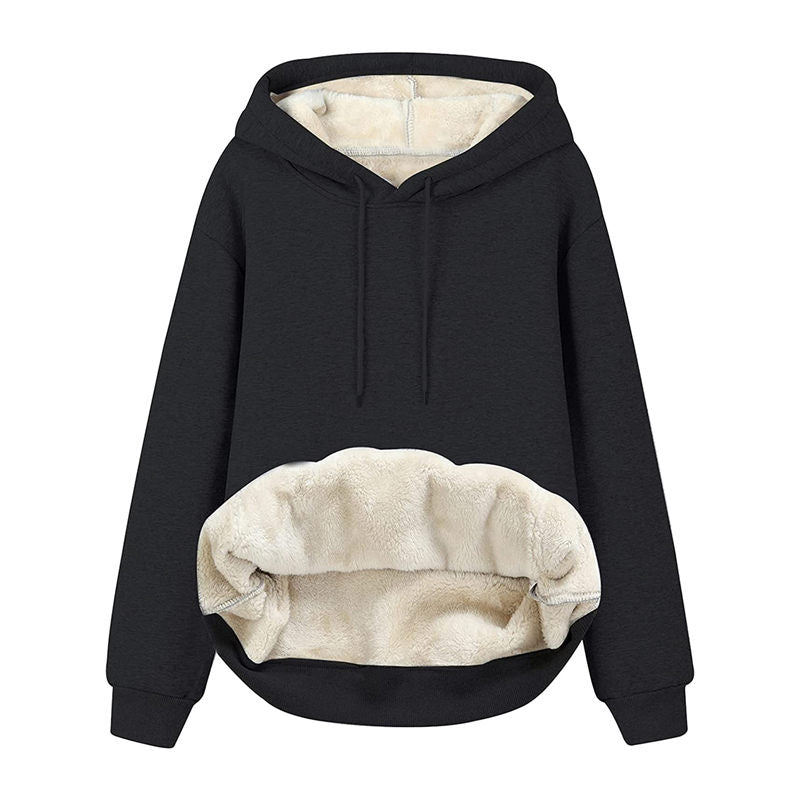 Beakey Ladies Winter Warm Fleece Lined Pullover Casual Hooded Sweatshirt-Black